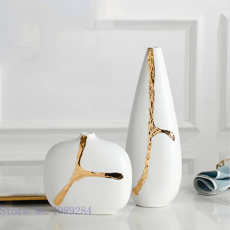 Creativity White Ceramic Vase Golden Branches Flower Arrangement Hydroponics Modern Home Decoration Wedding Flower Vase 2