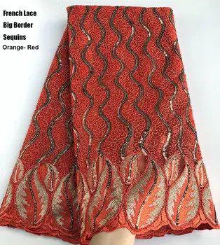 

Orange cord embroidery french lace shiny African tulle lace fabric Nigerian sewing evening gown with sequins 5 yards per piece