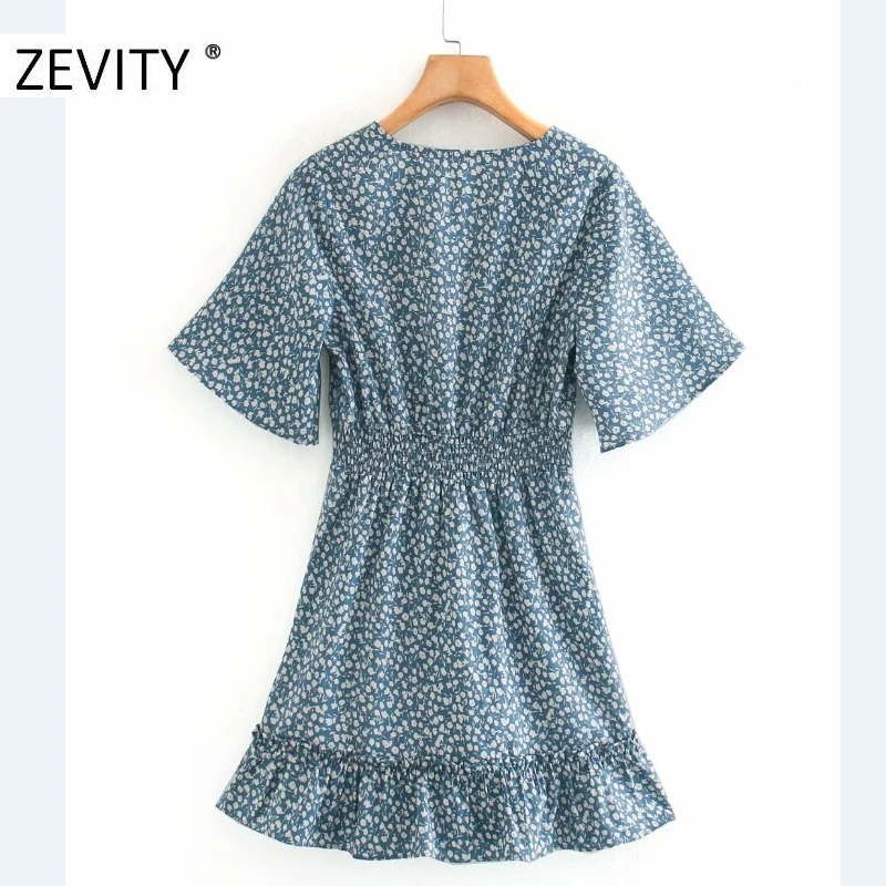 ZEVITY New women sweet v neck floral print elastic waist mini dress female short sleeve agaric lace vestidos chic dresses DS4431