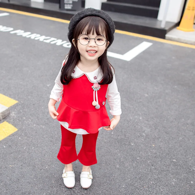 

2018 Spring And Autumn Korean-style Girls Long-sleeve Suit Infants Sweet Flounced Three-piece Set Childrenswear a Ready