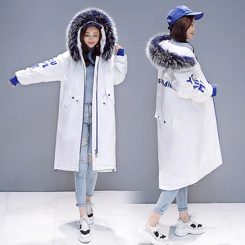 

2018 Winter New Style Large Fur Collar INS Cotton Coat Women's Mid-length over-the-Knee Cotton-padded Clothes Embroidered Cotton