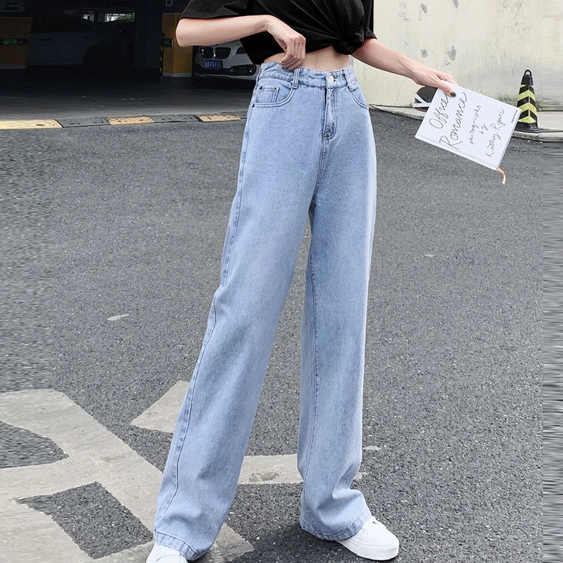 

Women's Pockets High Waist Jeans Streetwear Straight Jean Femme Blue Cotton Cargo Pants For Autumn Winter Trousers