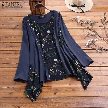 

Fashion Asymmetrical Tops Women's Print Blouse ZANZEA Spring Long Sleeve Cotton Blusas Female Button Patchwork Tunic Plus Size