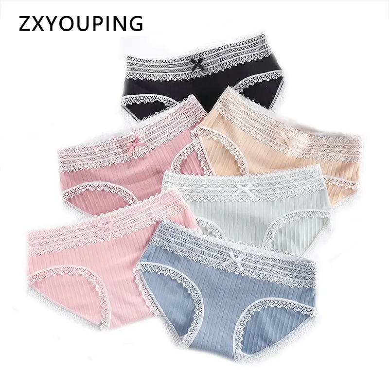 Mid Rise Cotton Panties Women Sexy Seamless Underwear Briefs Lace Wrapped Edge Cute Bow Lingerie