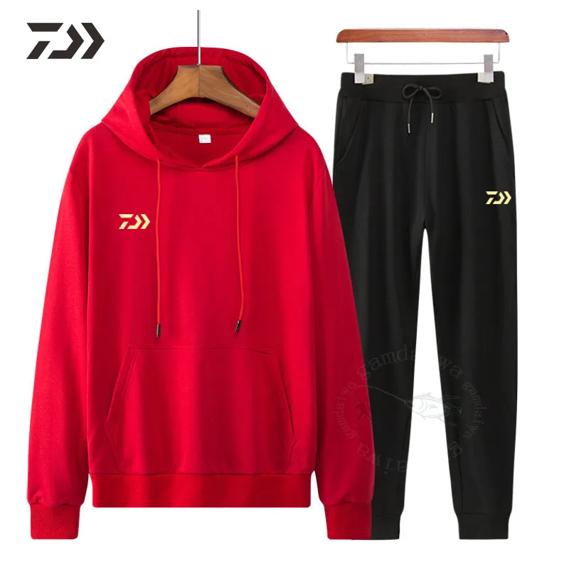 Daiwa Толстовка Спортивная с большим карманом флисовая однотонная уличная одежда Мужская одежда для рыбалки брюки для рыбалки Толстовка комплект из двух предметов - Цвет: Красный