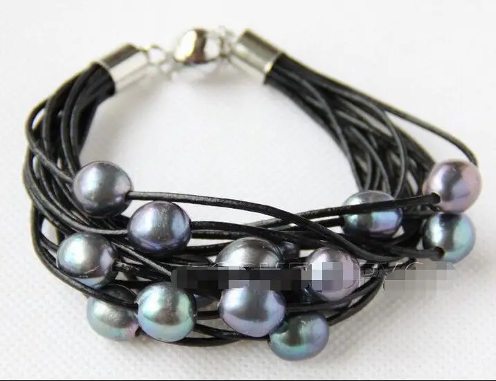 Wholesale price 16new ^^^^15Strands Genuine black pearls black leather bracelet magnet e2365