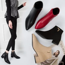 여성 부츠 캐주얼 가죽 낮은 하이힐 봄 신발 여성 지적 발가락 고무 발목 블랙 레드 zapatos mujer 플러스 크기 35-42(China)