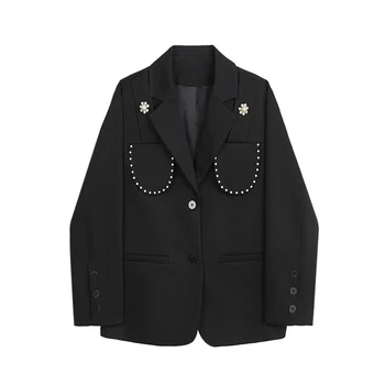

Black blazer beaded loose single-breasted multi-button Korean style autumn design office suit jacket female