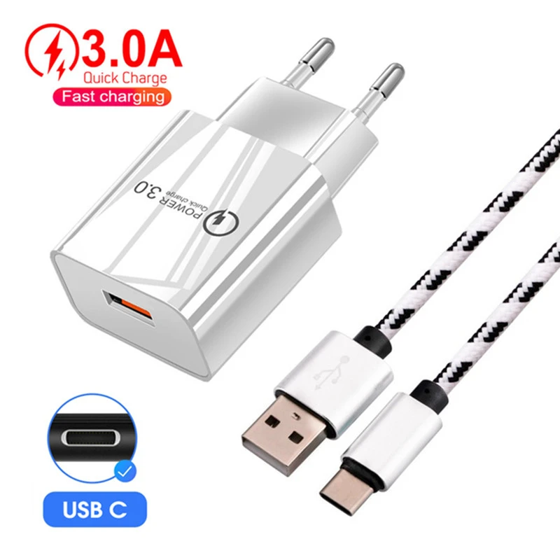 Adaptador viaje para de pared, Cable tipo C para Samsung Galaxy A13, A33, S21, S10, S9, Note 10, 18W, QC 3,0, Cable USB de carga rápida|Cargadores de teléfono