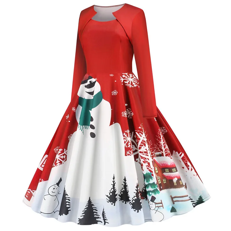 Элегантное женское зимнее рождественское платье с квадратным воротником и длинным рукавом размера плюс, красные винтажные вечерние платья со снеговиком размера плюс