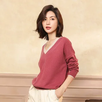 

BELIARST Autumn and Winter New 100% Cashmere Sweater Women V-neck Stitching Pullover Loose Large Size Knit Bottoming Sweater