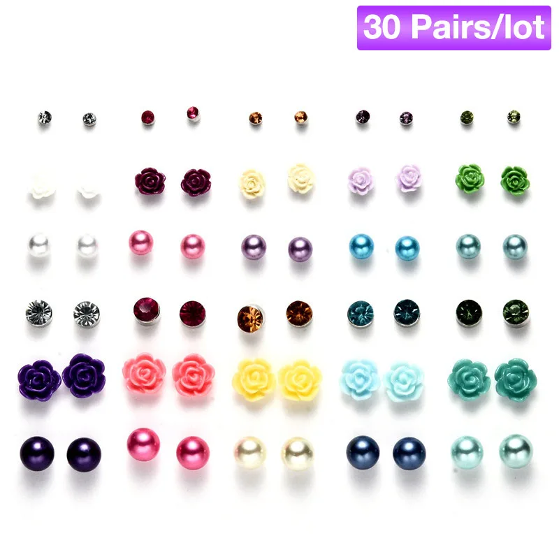 ER164 30 Pairs 50 пар/лот, серьги-гвоздики с искусственным жемчугом, набор для девочек, милые полимерные цветы, медведь, Смешанные Серьги-гвоздики,, детские ювелирные изделия - Окраска металла: ER164 30 Pairs