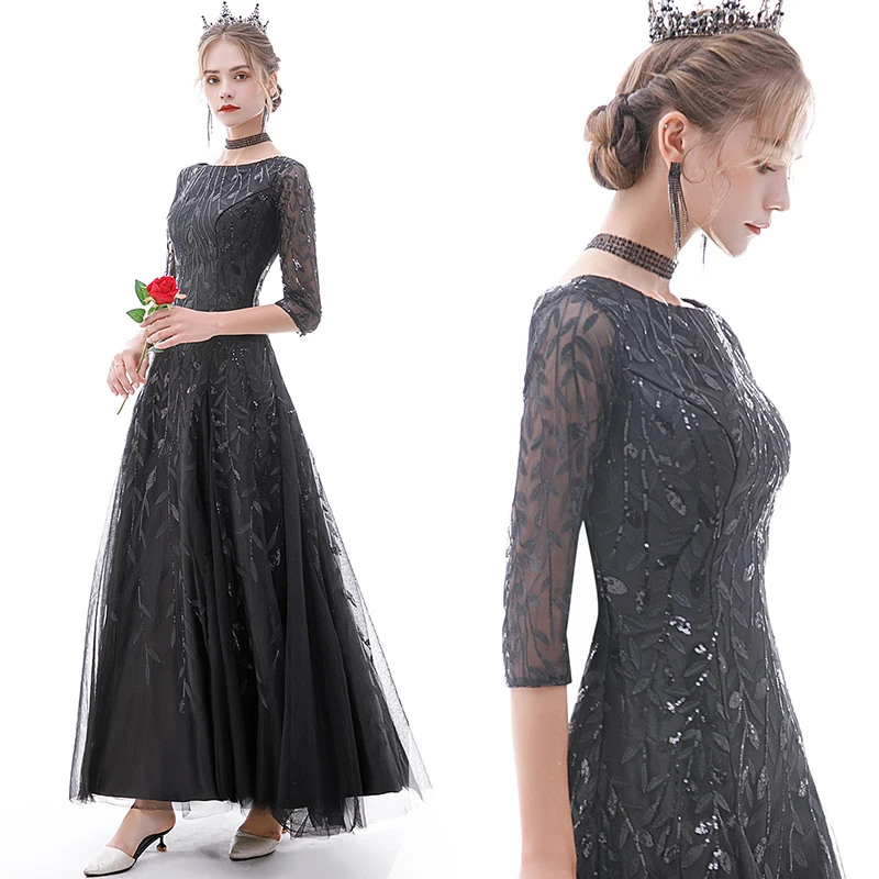 Kyunovia черные сексуальные женские вечерние платья с блестками Vestidos De Gala, Длинные Красивые винтажные вечерние платья с круглым вырезом E27