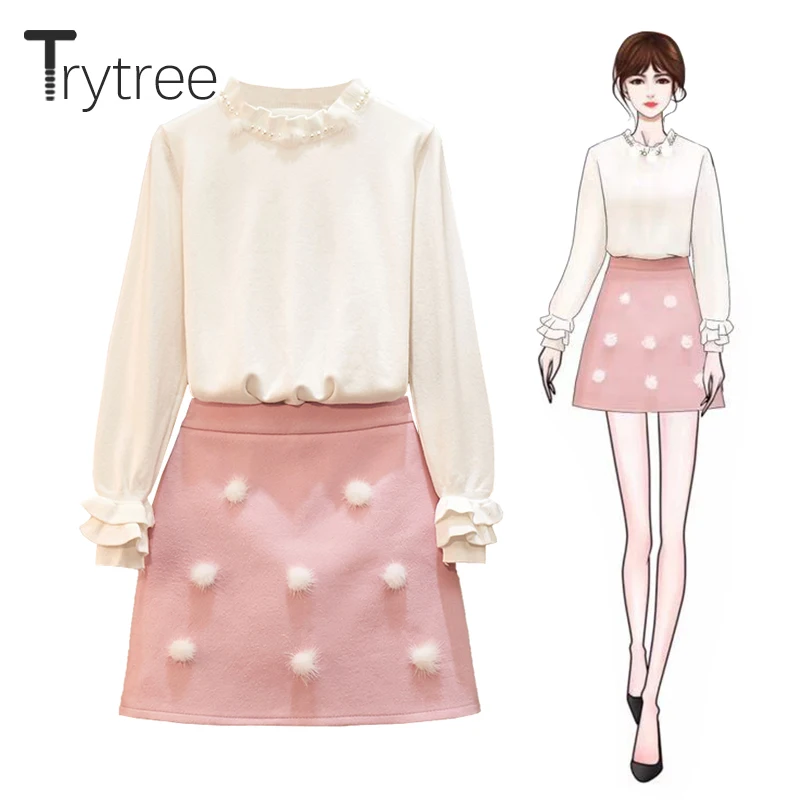 Trytree осенне-зимний комплект из двух предметов Повседневный водолазка с жемчугом и оборками топ+ юбка мини-трапеция комплект для офисной Леди комплект из 2 предметов