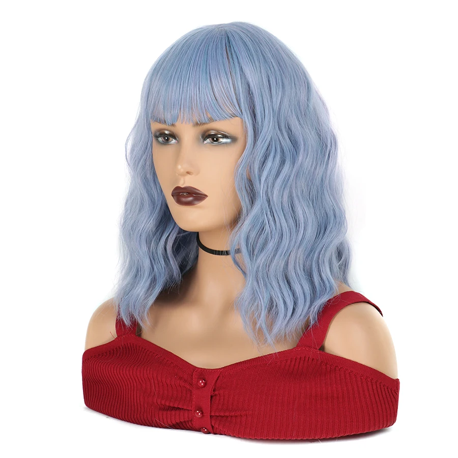 

12 Short Wavy Wig with Bangs Womens Short Bob Curly Wave Wig Heat Resistant Fiber Wig for Girl Costume Party Cosplay Wigs