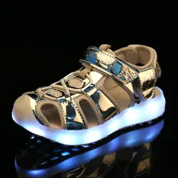 2018 Серебристые летние дети светодиодный светильник сандалии USB зарядки Дети СВЕТОДИОДНЫЙ световой обувь для мальчиков и девочек; удобные