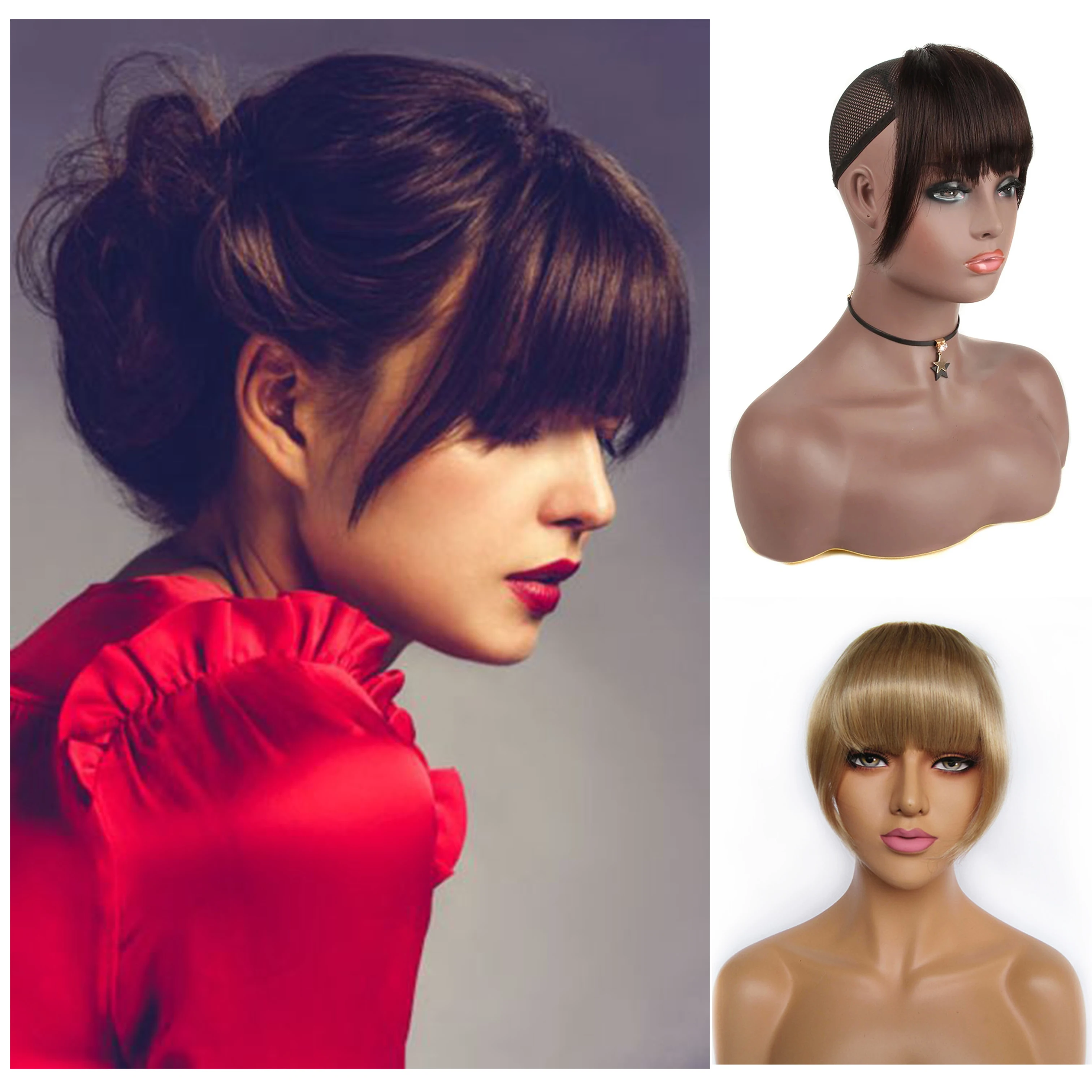 Extensiones de cabello humano brasileño con flequillo, color marrón oscuro, no Remy, bonito flequillo de princesa