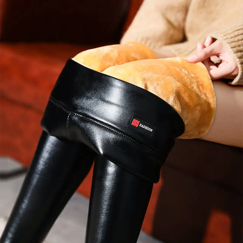 Winter Warm 700g Dicke Samt Wolle Fleece Damen Leggings Frauen Hosen Lammfell Kaschmir Weibliche Jegging Faux Leder Hosen