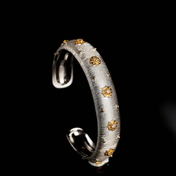 

S925 Sterling Silver Fine Jewelry Italian Style Two Tone High Quality Cubic Zircon Snowflake Cuff Bangle Bracelet for Women