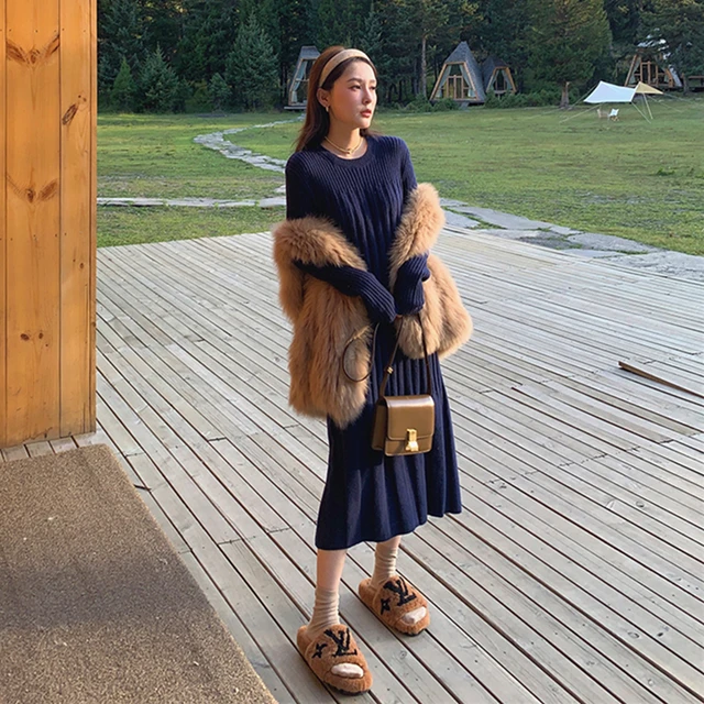 Autumn Winter O-neck Twisted Long Knit Dress Women Casual Loose Thick Sweater Dress Female Knitted Vestidos Blue