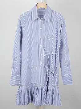 

Women Shirt Dress 2020 New Blue And White Stripes Lace-up Female Turn Down Collar Ruffled Short Dresses Holiday Casual