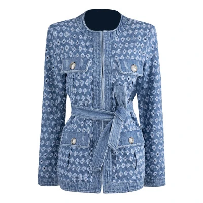 blue TWOTWINSTYLE, уличная одежда, выдалбливают, джинсовые женские куртки, о-образный вырез, длинный рукав, карман, шнуровка, куртка, Женская Осенняя мода, новинка - Цвет: blue