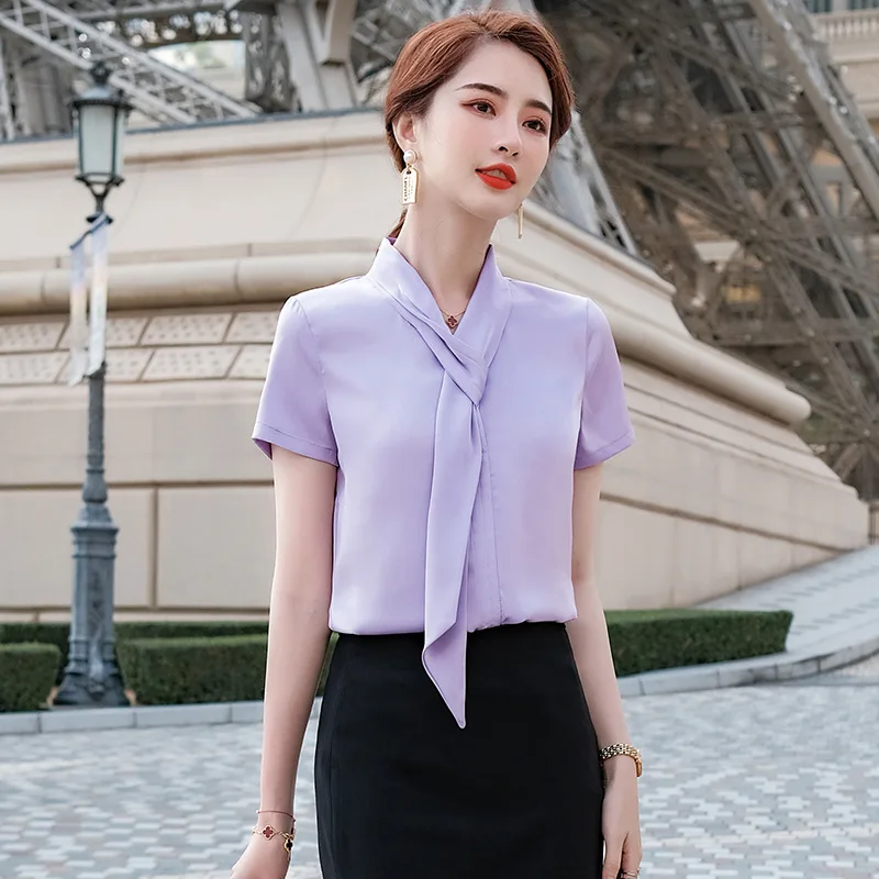 Blusa morada de manga corta para mujer, ropa de trabajo para oficina,  negocios, verano, novedad - AliExpress Ropa de mujer