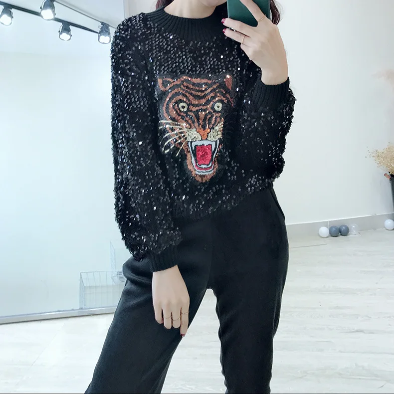 Новогодняя толстовка красная голова тигра узор свитшот блестки толстовка женская с длинным рукавом шею свитшот женский