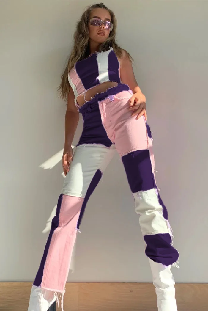 Fashion Patchwork Women Jeans Pink 
