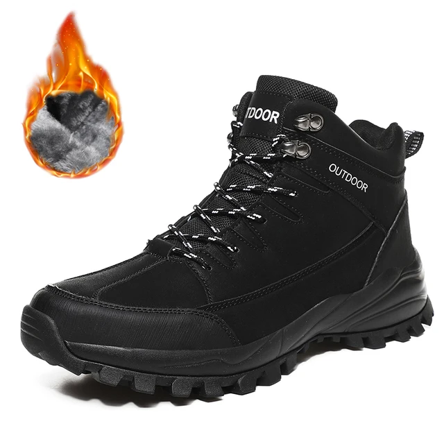 Large Size Ankle Boots Men Winter Outdoor Warm Fur Non Slip Snow Shoes Black Sneakers Fashion Footwear Cowboy Boots Lace Up Work fur black