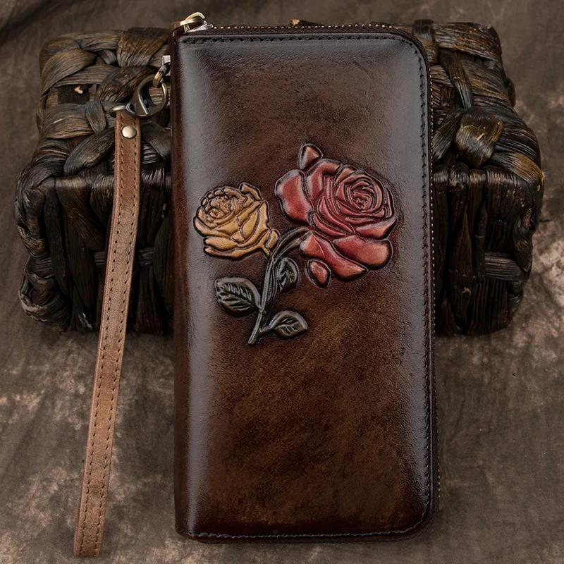 cossroll New first layer cowhide wallet long zipper ladies leather card bag large capacity European and American clutch bag