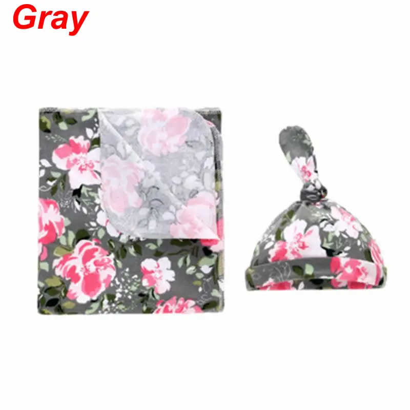 2 шт./компл. новорожденных детская коляска одеяло шляпа набор хлопок печать младенческой пеленания шапочка - Цвет: Gray