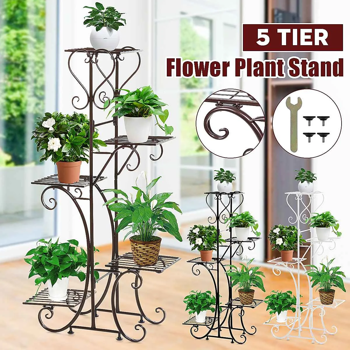 

5 Tiers Iron Flower Rack Plant Stand Multi Flower Stand Shelves Display Shelf Yard Garden Patio Balcony Pot Plant Stands Storage