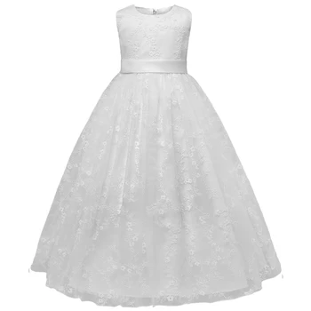 

White Lace Flower Girls Dress Children Girls Wedding Evening Formal Long Gown Princess Winter Party Clothing Size 4-10 Years