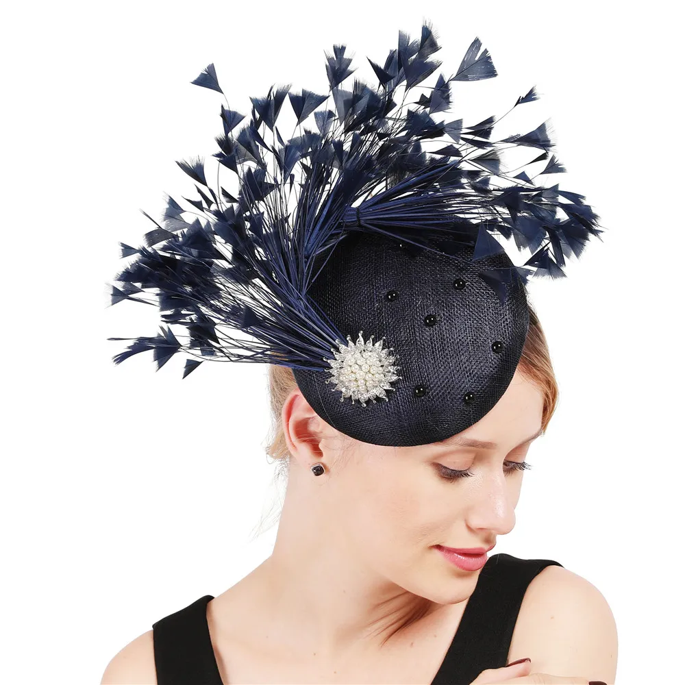 women fascinator hats High quality 4 layer sinamay elegant ladies wedding headwear with fancy feather occasion hair accessories