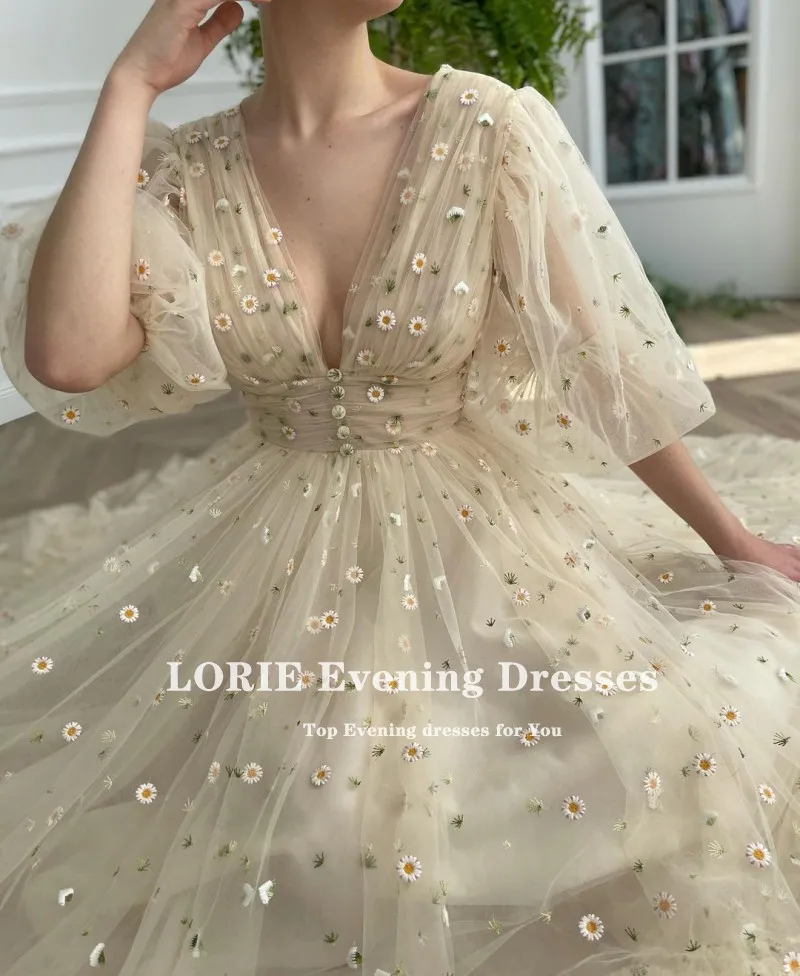 LORIE Vintage Prom Dresses 2021 A-Line V Neck Short Party Gown Long Sleeves Robes de cocktail Dress for Teens Graduation Gown