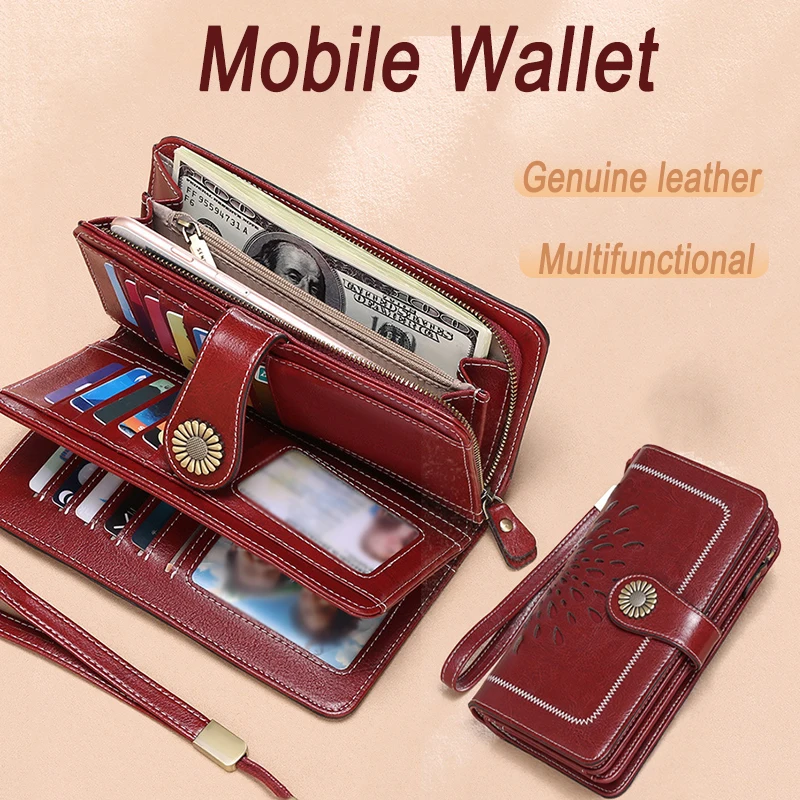 

New Oil Wax Cowhide Large Capacity Leather Wallet Long Women Mobile Cell Phone Case Genuine Leather Luxury Bag For Smart Phone