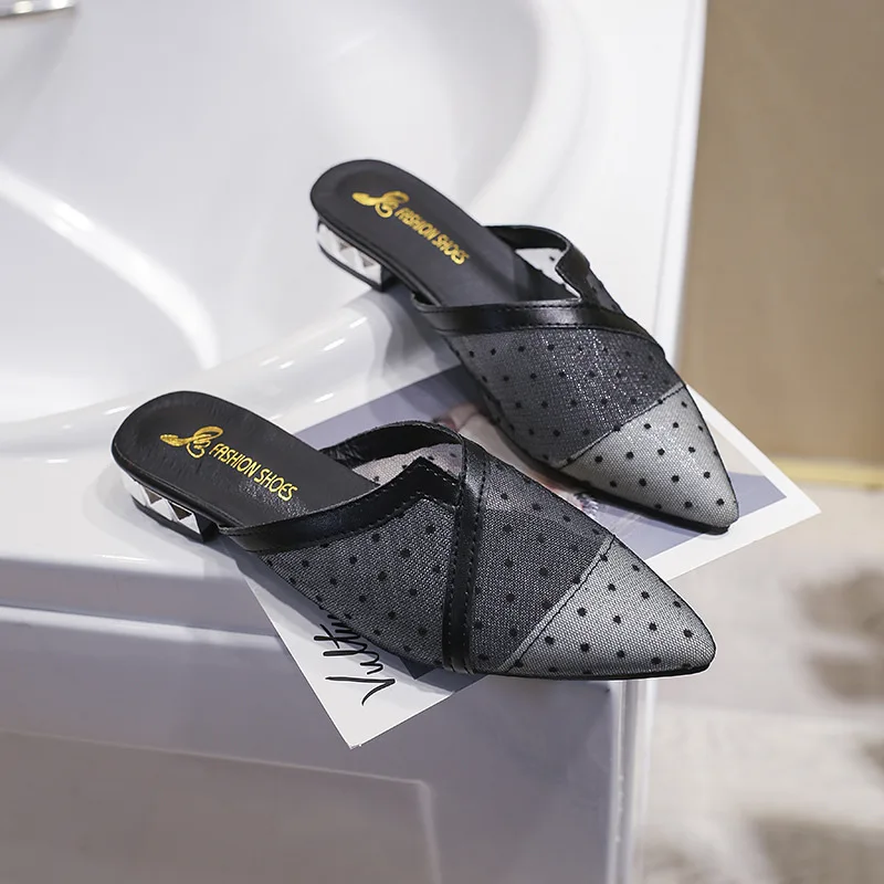 

Women's Slippers Summer Outer Wear 2019 New Style Versatile Pointed-Toe Closed-toe Chunky-Heel Slipper Fashion WOMEN'S Shoes Kor