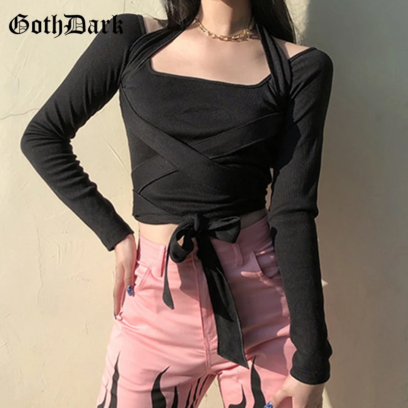 

Goth Dark Grunge Style Gothic Bandage Crop Tops Punk Black Skinny Long Sleeve Women Halter T-shirts Square Neck Streetwear Tees