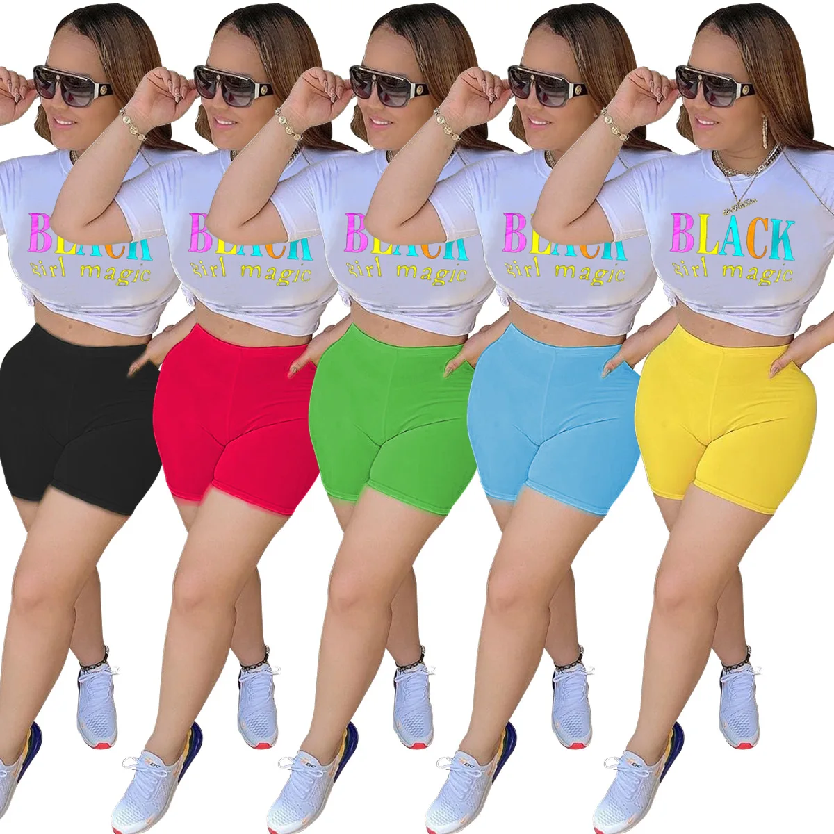 

2020 Summer Women's Suit European and American Letter Black Girl Magic Print Print Round Neck Casual Fashion Clothes