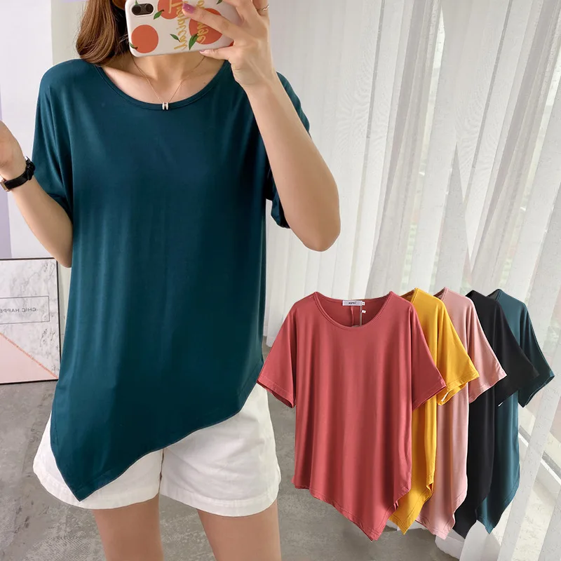 

2020 Summer Large Size Modal Irregular Fat Mm Loose-Fit Slimming Solid Color Plus-sized Short-sleeved round Collar T-shirt Women