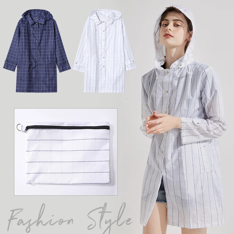 Womens Fashion Blue White Grid Raincoat Rainproof Rain Coat Windbreaker for Hiking Touring