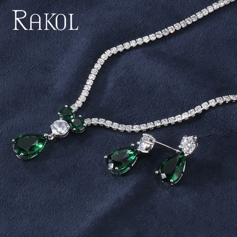 RAKOL Новая мода Роскошные AAA циркон форма капли воды ожерелье серьги набор украшений для женщин вечерние свадебное платье аксессуары - Окраска металла: Green
