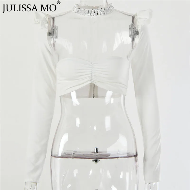 Julissa mo женский топ с рюшами, с пышными рукавами, с кристаллами, с прозрачной сеткой, сексуальный укороченный топ, женские готические белые тонкие вечерние топы, футболки
