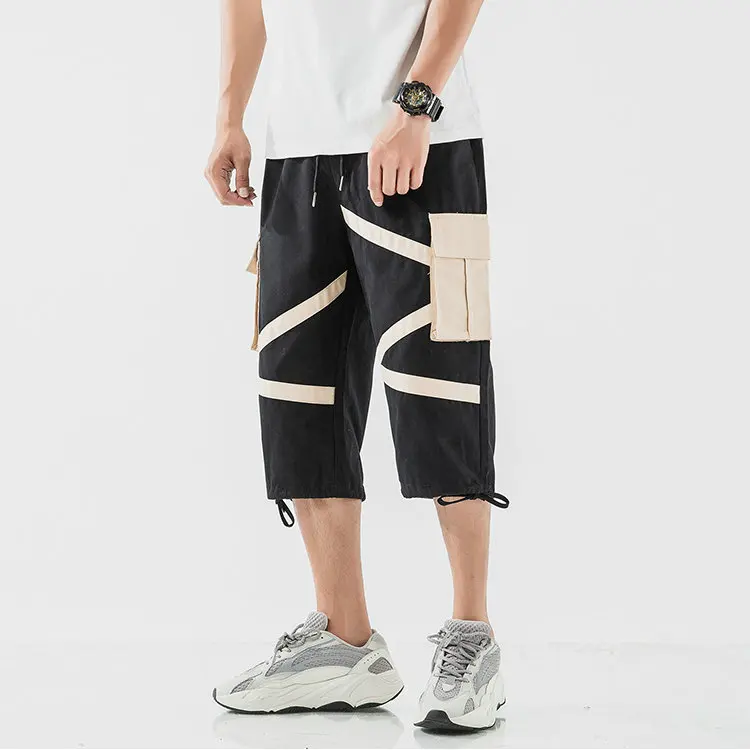 Harajuku Western Style Men Pockets Harem Pants Nice Hip Hop Streetwear Casual Calf-Length Pants Loose Mens Cropped Short Pants