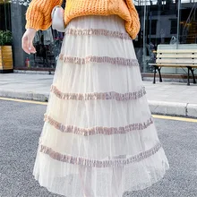 Лоскутная Женская сетчатая юбка с оборками, Женская плиссированная юбка с высокой талией в стиле пэчворк, Весенняя Милая модная юбка миди длиной до щиколотки