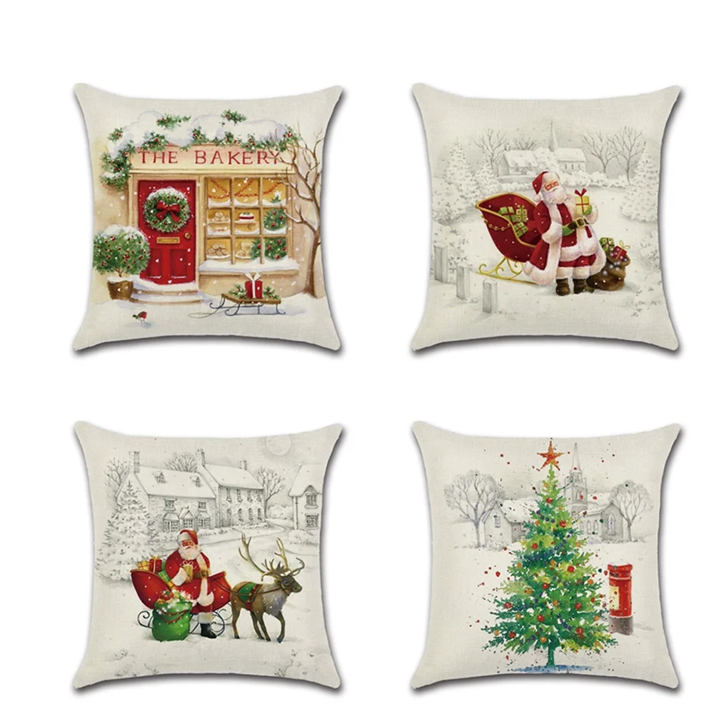 

2019 Merry Christmas Tree Santa Claus Linen Pillow Case Sofa Cushion Cover Home Decoration Kussenhoes Housse de Coussin Cojines