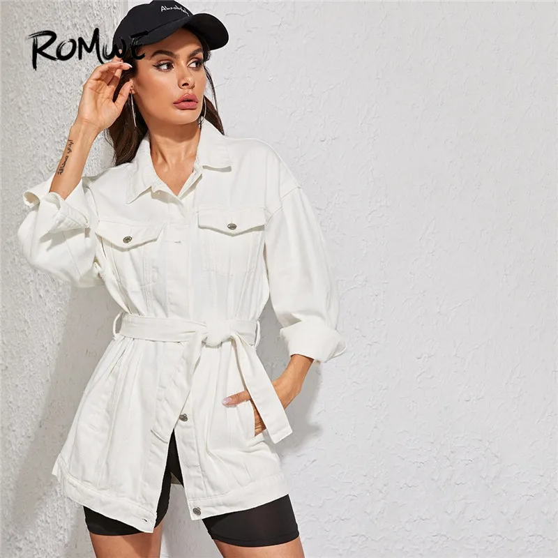 ROMWE White Wash Belted Longline Jean Jacket Coat Women Autumn Spring Solid Boylish Streetwear Long Sleeve Denim Long Jacket Top