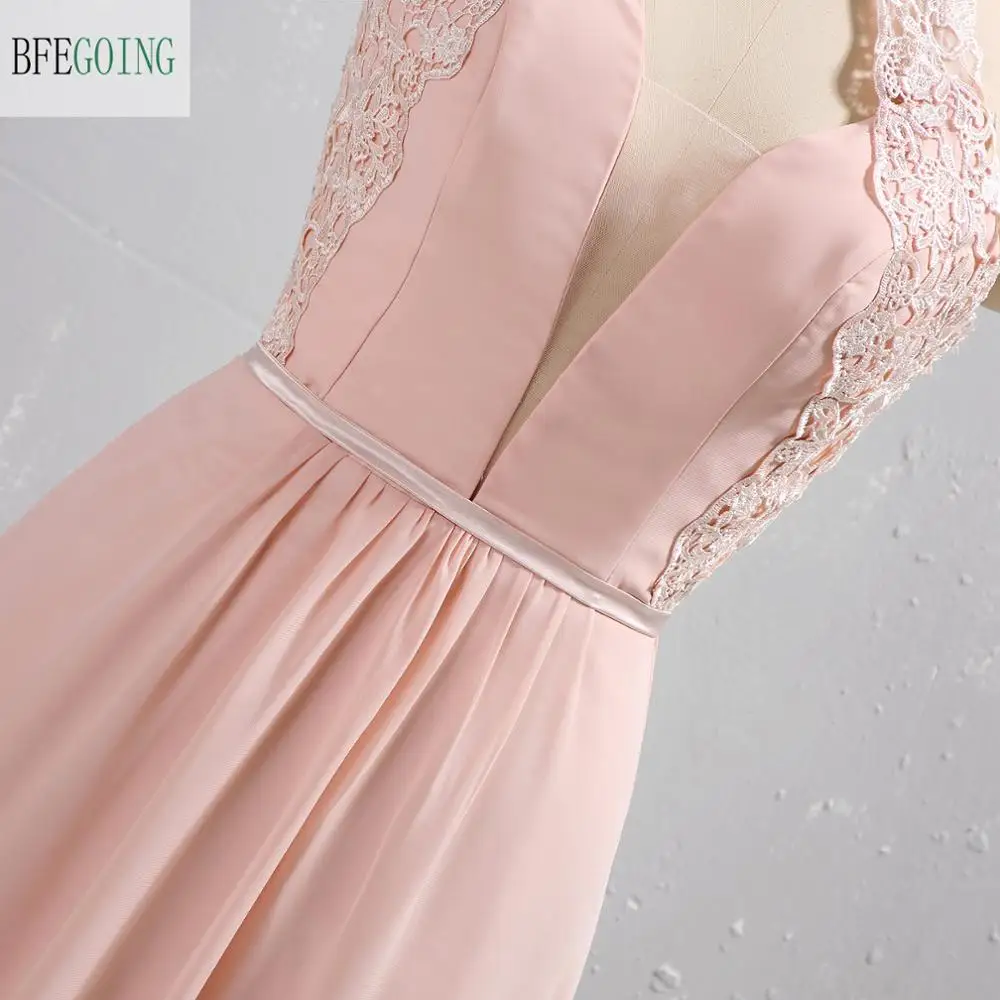 Розовое Шифоновое кружевное платье с лямкой на шее с открытой спиной с разрезом полу-Длина А-образные Формальные вечернее платье сделано