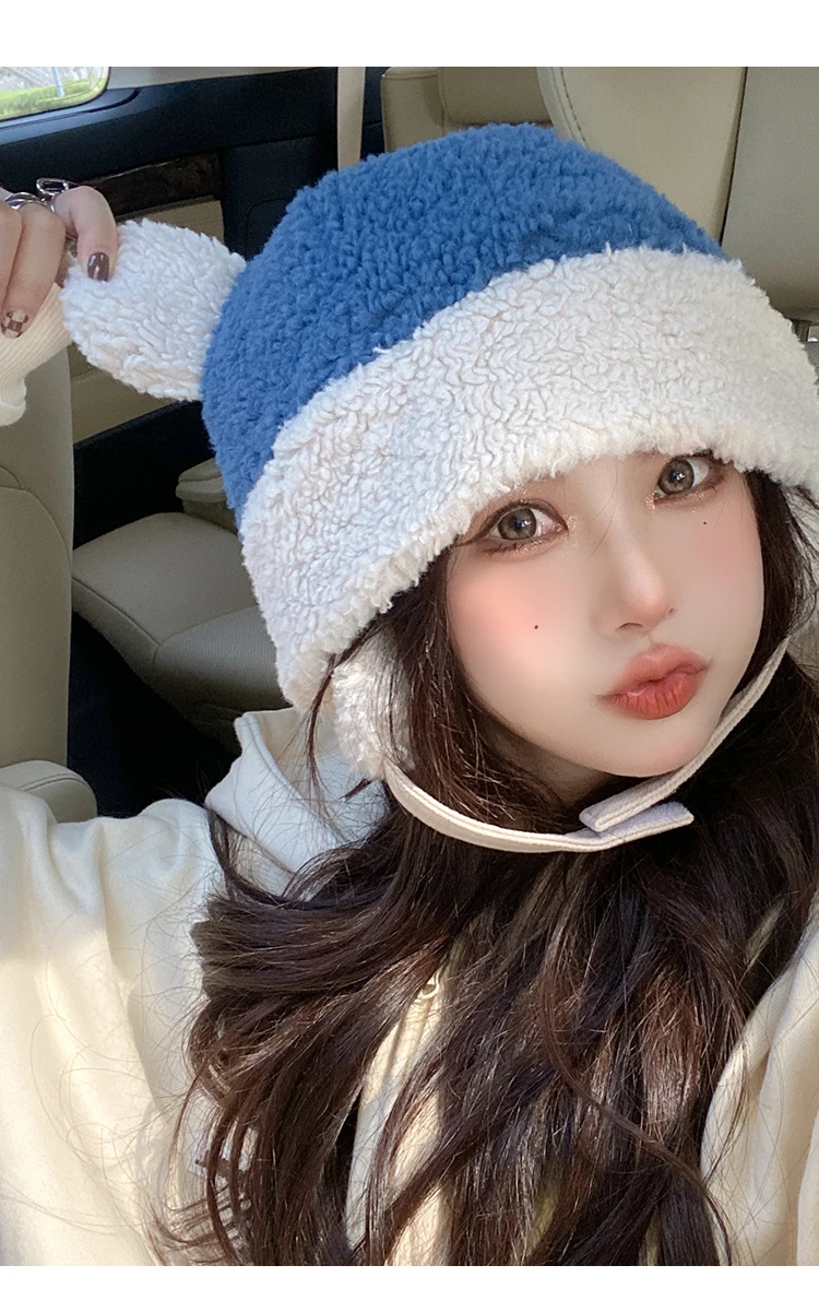 Women's Hats Autumn and Winter Suitable for Round Face Plush Ear Protection Bear Ear Warm Hat Japanese Cute All-match Bomber Cap mad bomber trapper hat mens